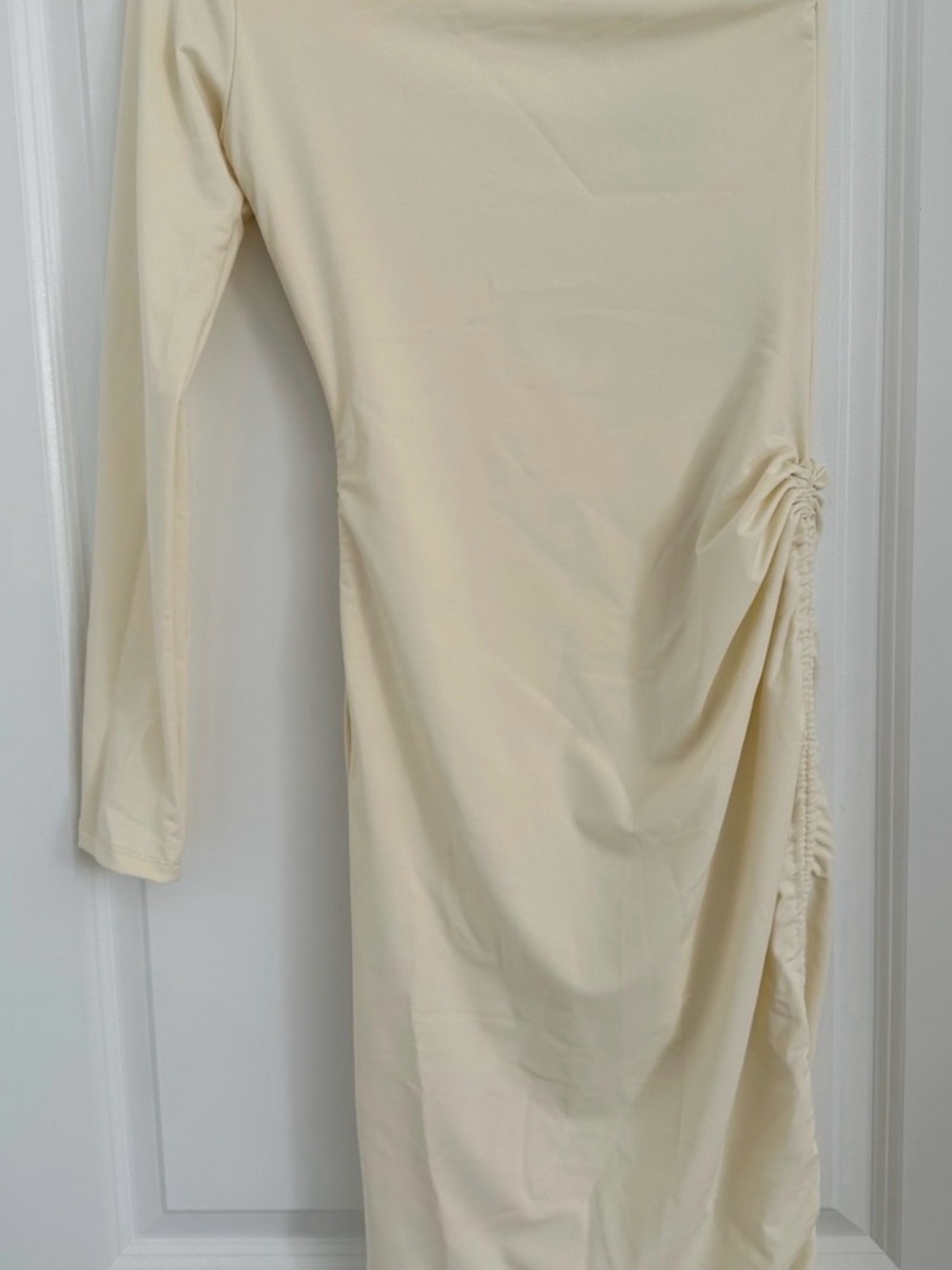 Asymmetric One-Shoulder Ruched Mini Dress in Cream - Picture 2 of 3